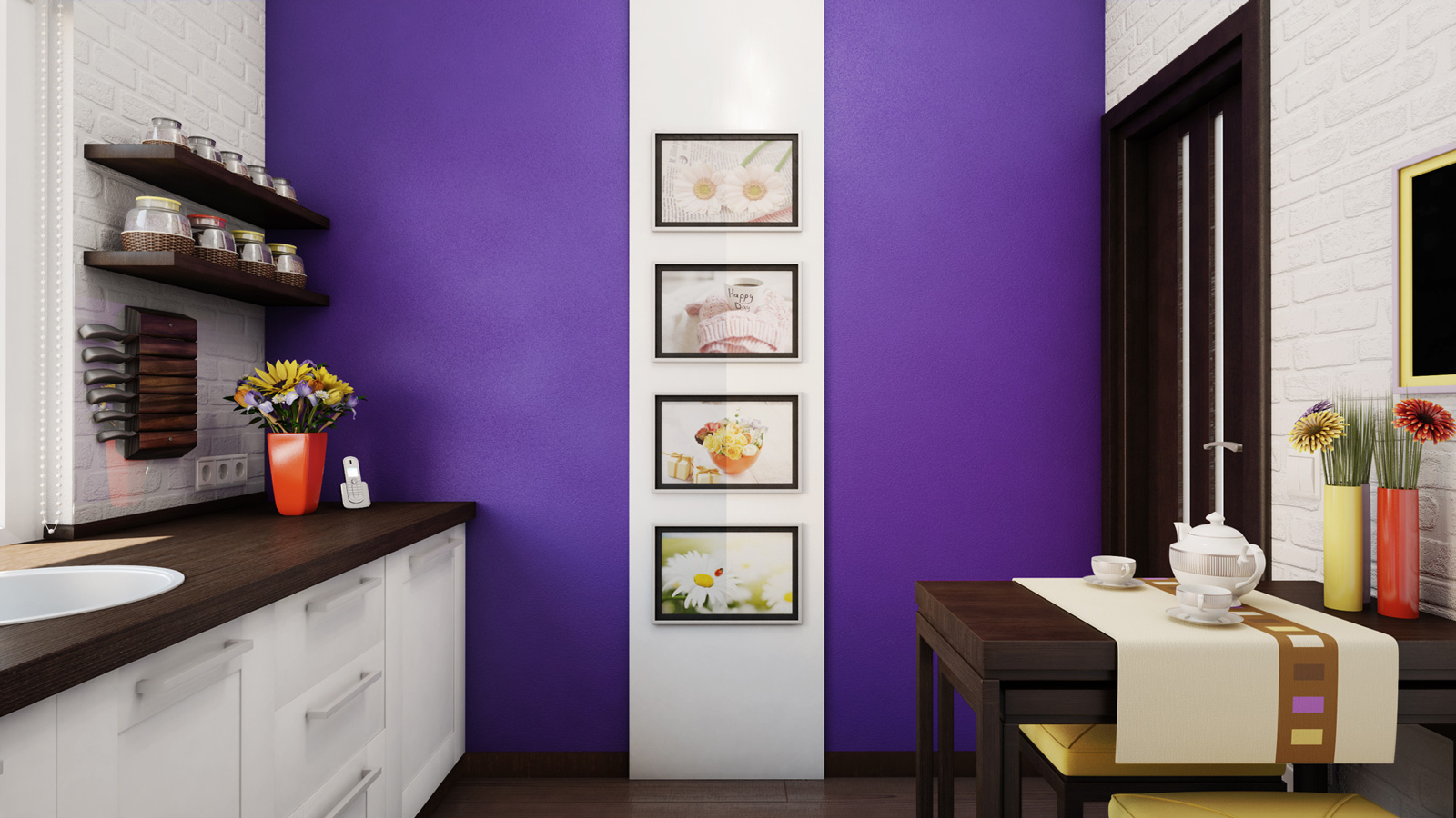 Фиолетовая стена на кухне
